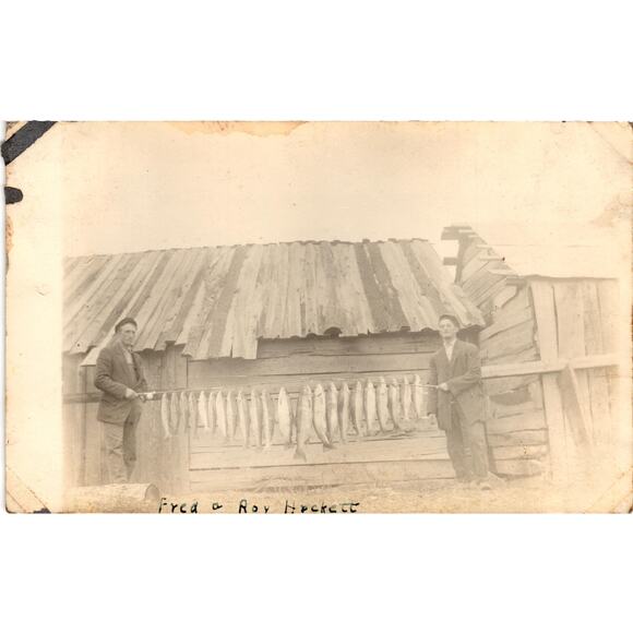 Vintage 1920s Fishing RPPC Postcard Roy Pillard Fred Hecker Large Fish Catch - Picture 1 of 2